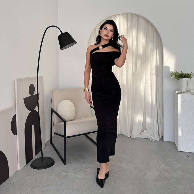 One Shoulder Cutout Ruched Draped Column Maxi Gown 2