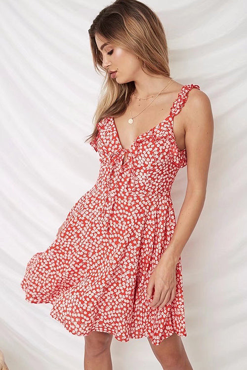 V Neck Tie Front Ruffle Strap Ditsy Floral Flared Mini Dress 3