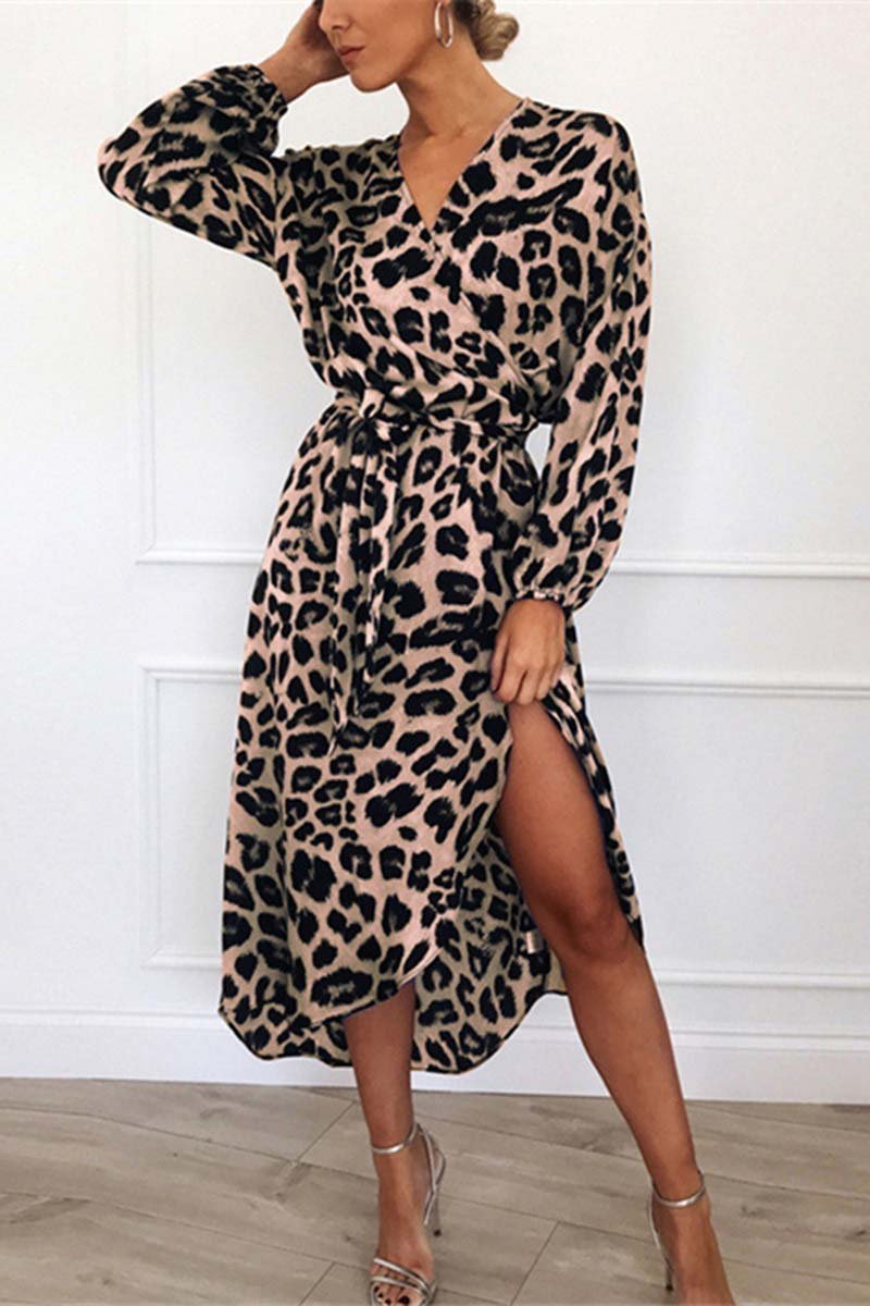 Print Wrap V-Neck Long Sleeve Tie Waist High Low Slit Midi Dress 3