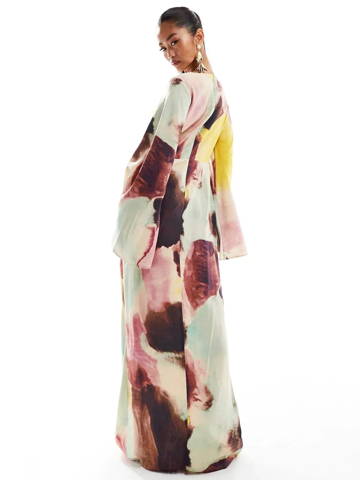 Abstract Watercolor Print Boat Neck Bell Sleeve Maxi Dress 2