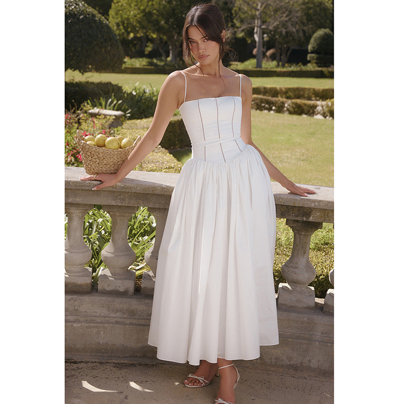 Square Neck Corset Basque Waist Pleated Midi Dress 2