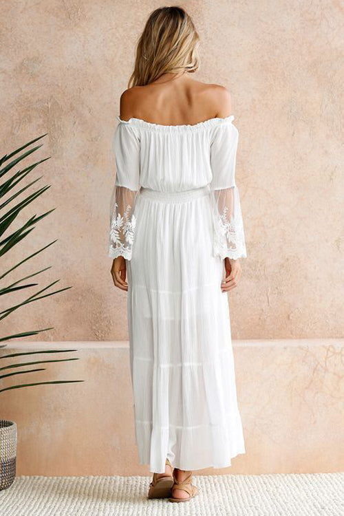 Off Shoulder Smocked Lace Cuff Bell Sleeve Tiered Maxi Dress 4