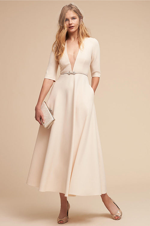 Plunging V Neck Mesh Panel Elbow Sleeve Belted Pocket A-Line Midi Dress