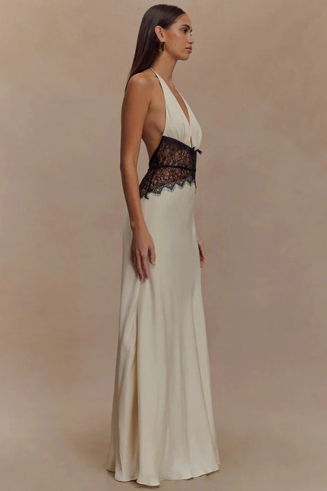 Lace Patchwork Backless Halter Dress 2