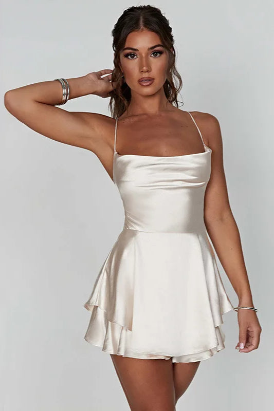 Satin Cowl Neck Spaghetti Strap Tiered Ruffle Hem Mini Dress 2