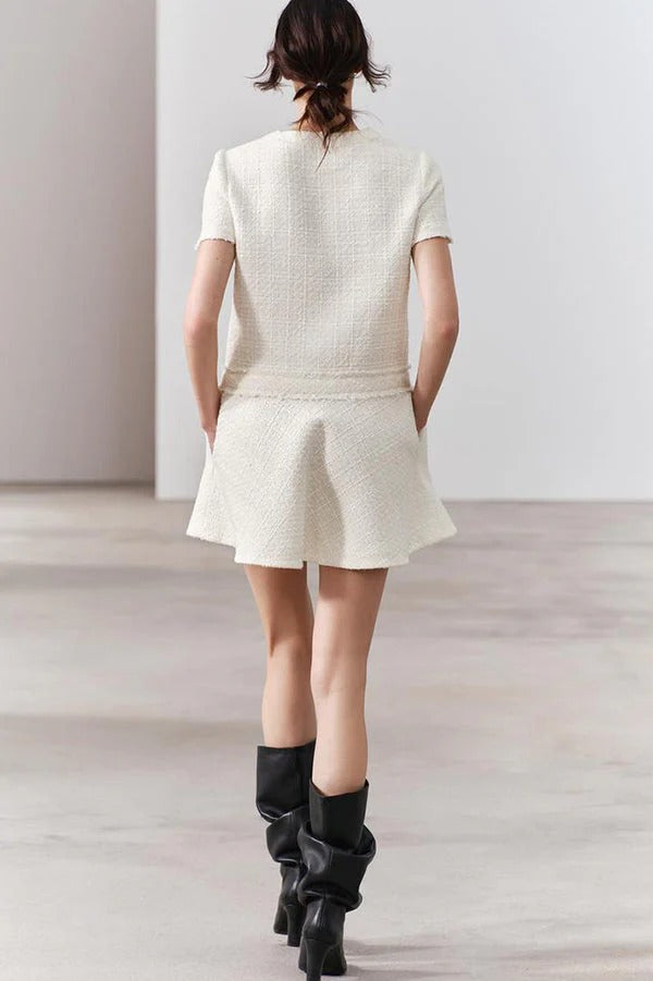 Metal Button Short Sleeve Round Neck Tweed Fit-and-Flare Mini Dress 8