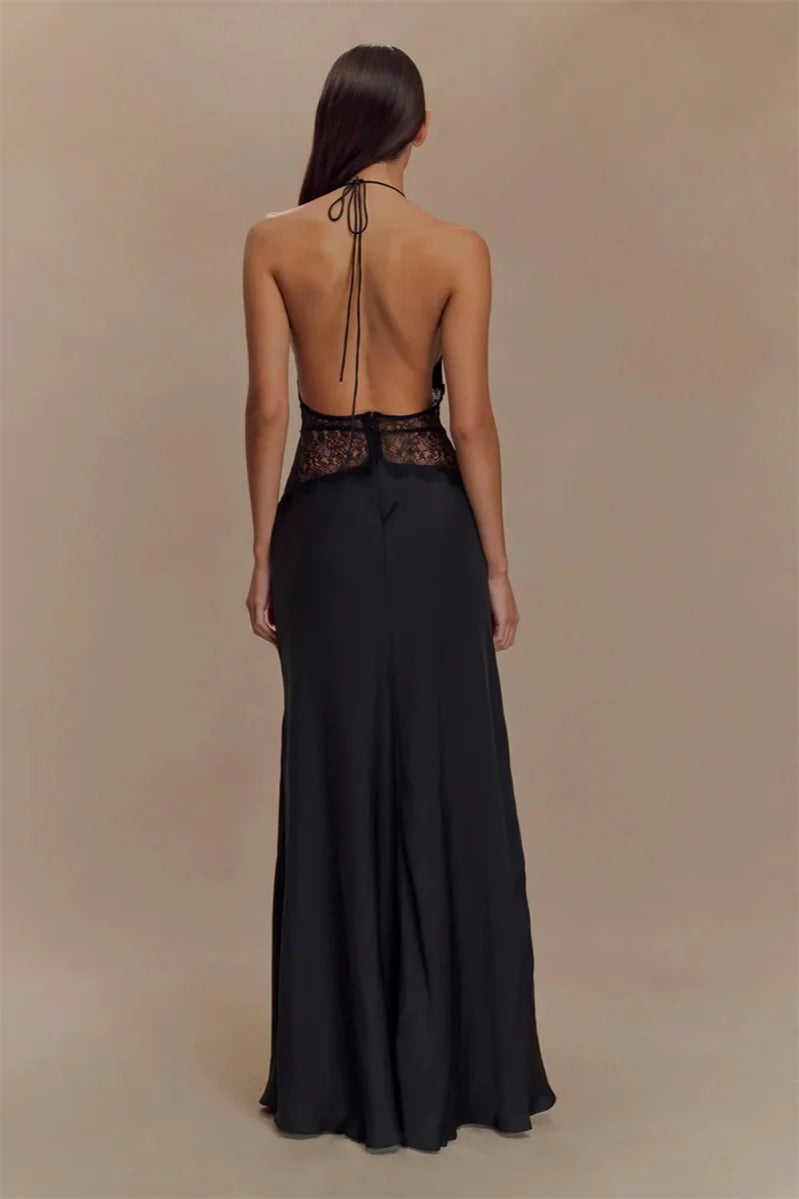 Lace Patchwork Backless Halter Dress 17