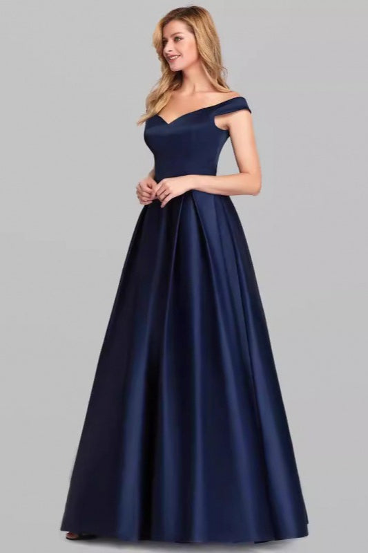 Off Shoulder Cap Sleeve Pleated Satin Ball Gown Maxi Dress 3