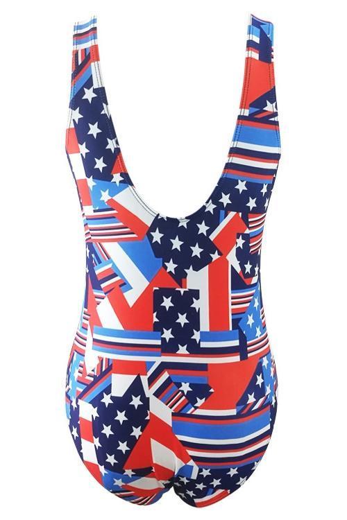 Blue Scoop Neck Striped Stars Patriotic American Flag Print Backless Sexy One Piece Swimsuit