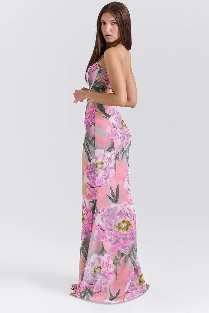 Corset Bodice Spaghetti Strap Floral Print Mesh Floor-Length Maxi Dress 5