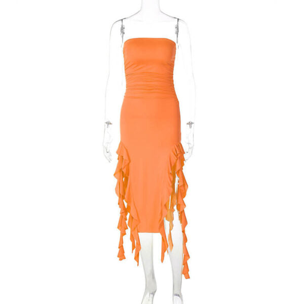 Strapless Ruched Double High Slit Ruffle Trim Pooling Hem Midi Dress 3
