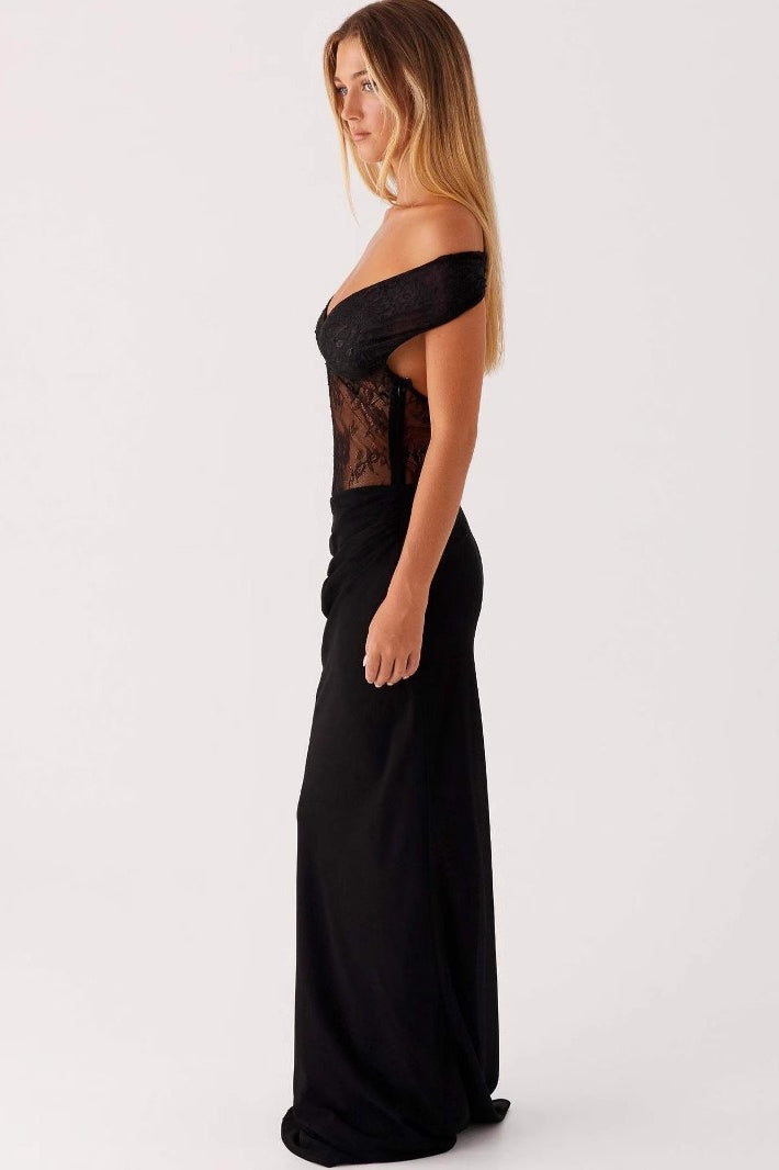 Off Shoulder Sweetheart Lace Paneled Sheer Midriff Column Maxi Dress 2