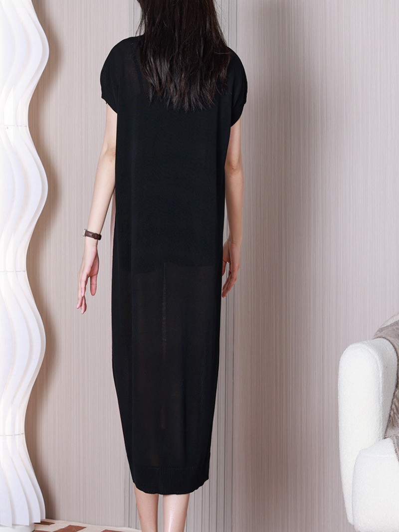 Crew Neck Short Sleeve Asymmetrical Color Block Knit Midi Sweater Dress 5