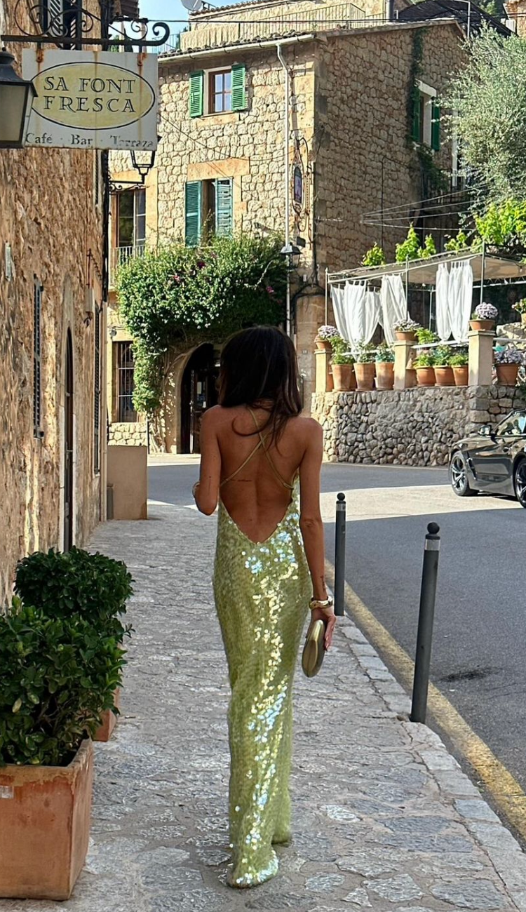 Sweetheart Spaghetti Strap Tiered Sequin Fringe Maxi Dress 4