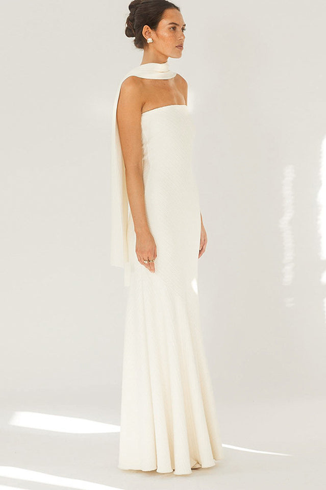 Strapless Rib Knit Neck Scarf Trumpet Hem Mermaid Maxi Gown 9