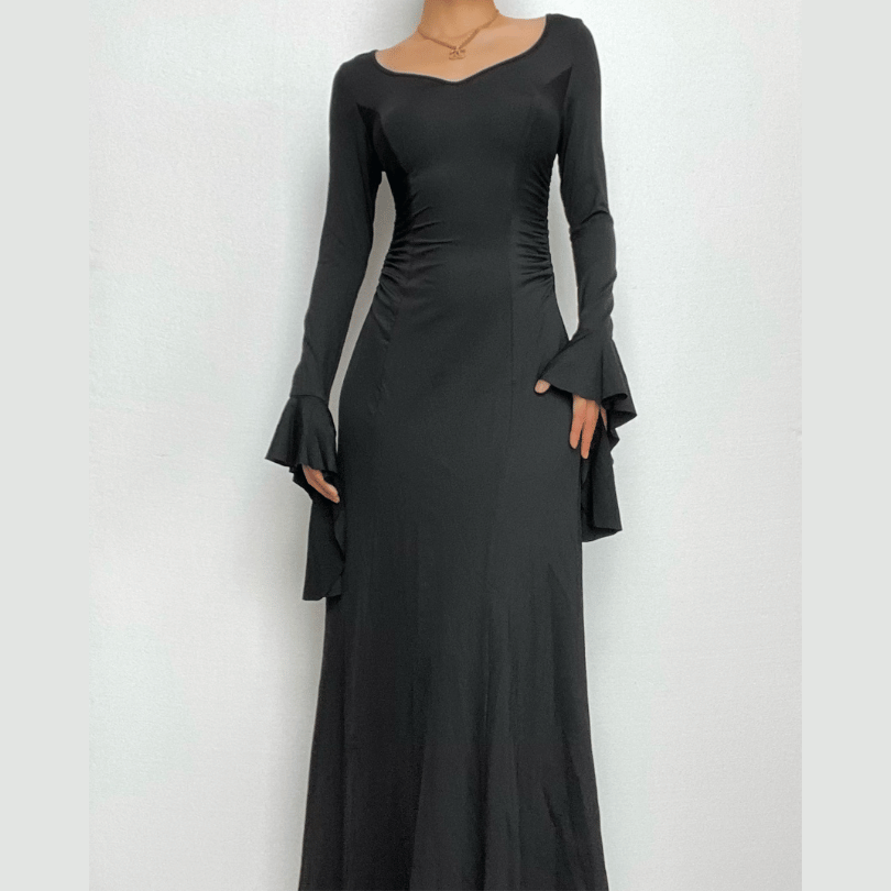 Sweetheart Ruched Long Flared Bell Sleeve Bodycon Maxi Gown