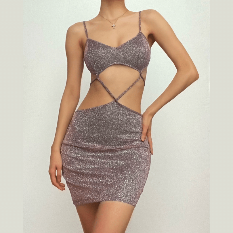 Glitter Criss Cross Strap Waist Cutout Bodycon Mini Dress