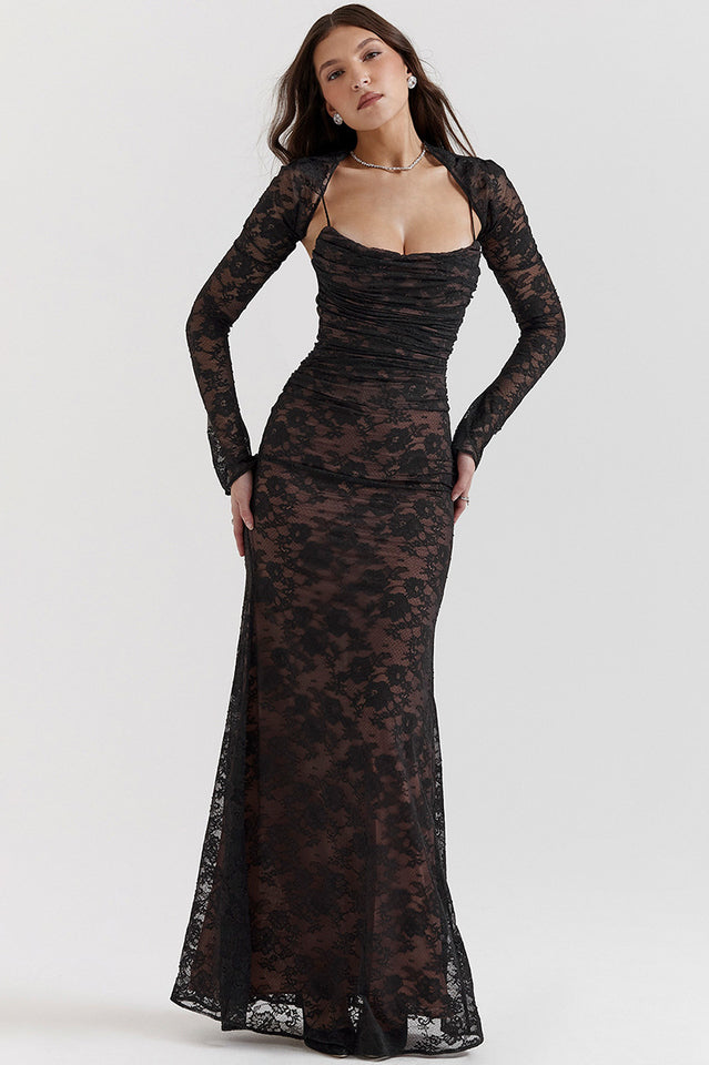 Square Neck Spaghetti Strap Floral Lace Scalloped Hem Maxi Dress with Long Sleeve Bolero 8