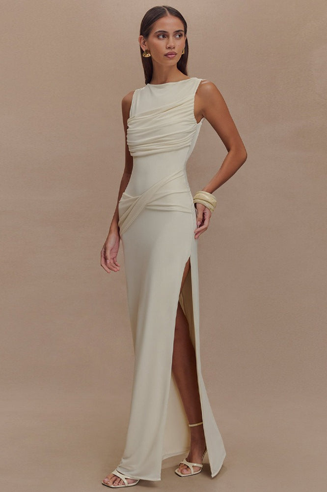 High Neck Ruched Crossover Drape Hip High Slit Jersey Maxi Dress 2