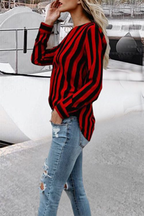 Fashion Striped Red Shirt Long Sleeves