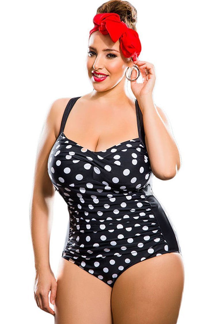Plus Size Vintage Polka Dots Ruched Bandeau One Piece Swimsuit