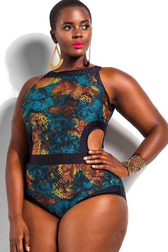 Plus Size Colorful Snake Printed Cutout One Piece Swimsuit