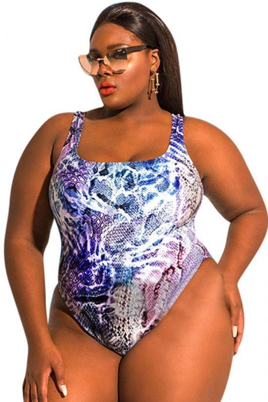 Plus Size Snake Printed High Leg One Piece Swimsuit