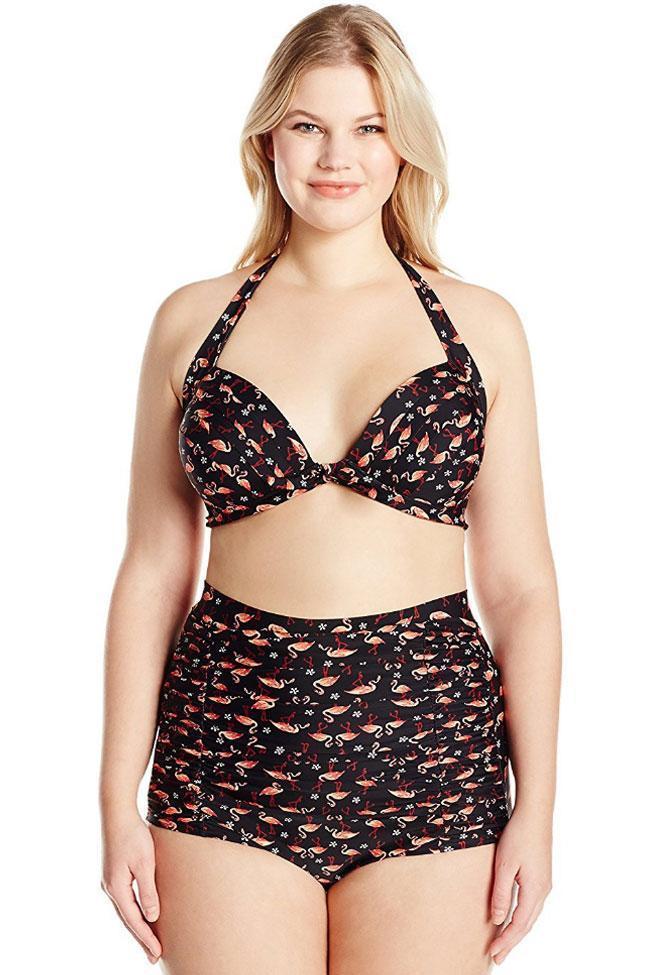 Plus Size Flamingo High Waisted Halter Bikini - Two Piece Swimsuit