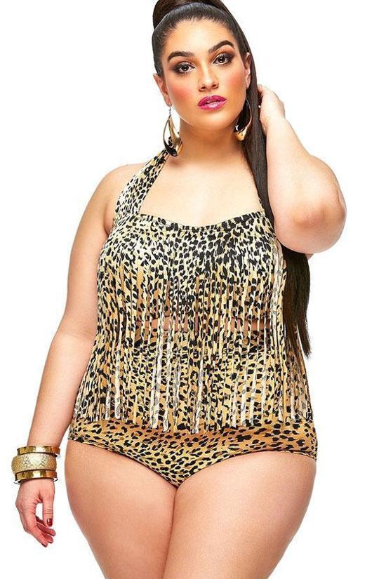 Plus Size Leopard Fringed Trim Bandeau Bikini - Two Piece Swimsuit