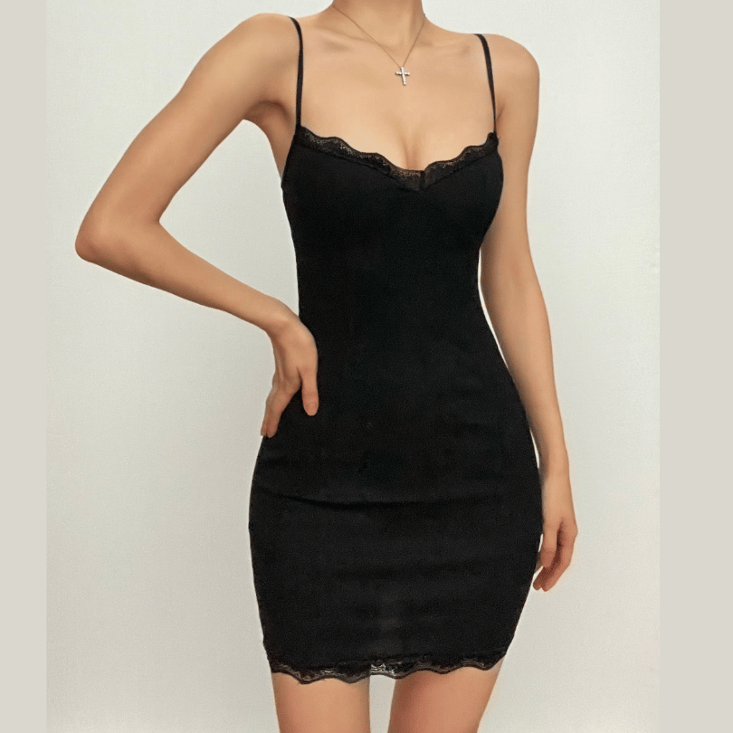 Lace Hem Sweetheart Spaghetti Strap Backless Cami Mini Dress