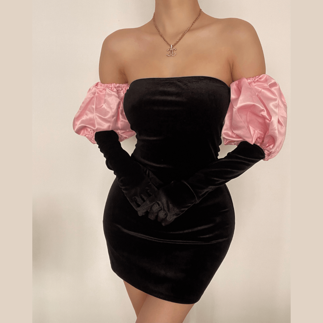 Puff Sleeve Detached Arm Warmer Velvet Strapless Tube Mini Dress