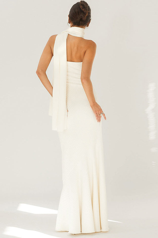 Strapless Rib Knit Neck Scarf Trumpet Hem Mermaid Maxi Gown 10