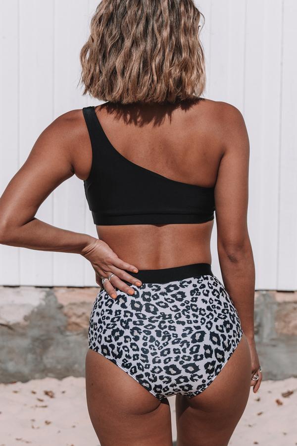 Leopard Print One Shoulder Patchwork Bikini Set