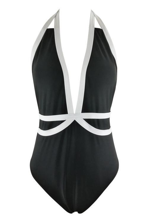 Black Plunging Halter Striped Contrast Strappy Cutout Tied Backless Sexy One Piece Swimsuit
