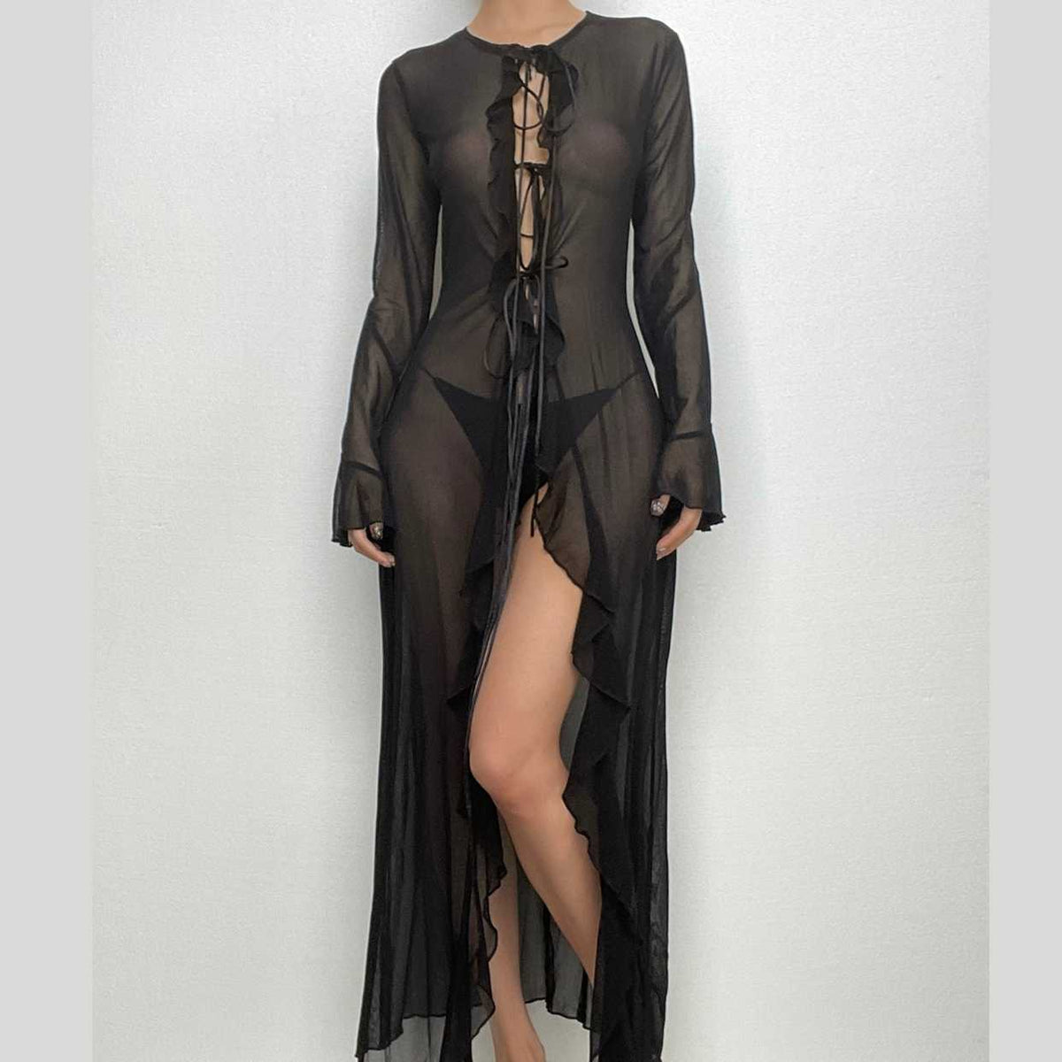 Sheer Mesh Ruffle Trim Bell Sleeve Tie-Front Open Slit Maxi Dress