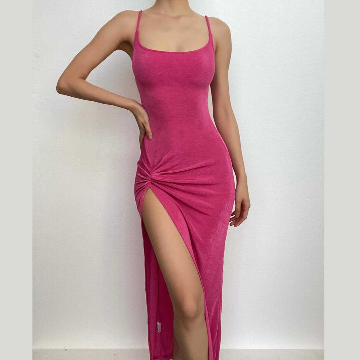 Square Neck Spaghetti Strap Knot Detail High Slit Backless Cami Midi Dress