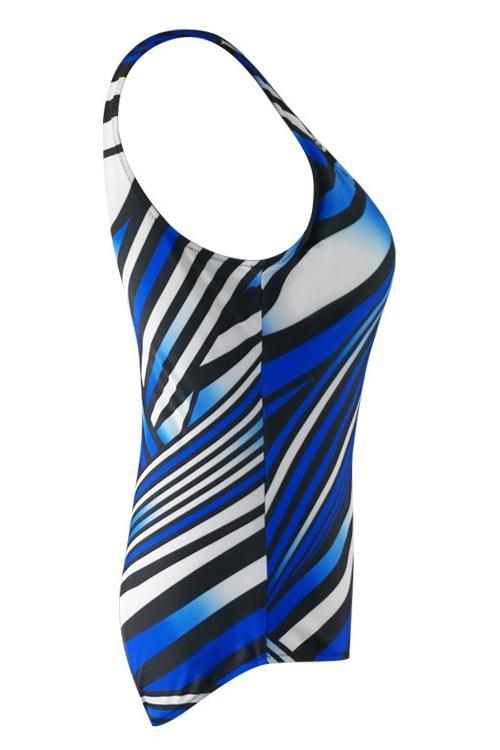 Blue Square Neck Stripe Print Backless Modest One Piece Swimsuit