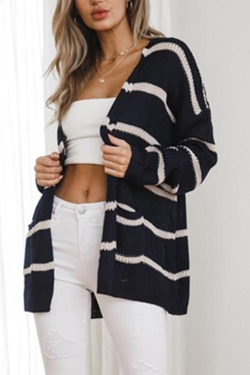 Double Pocket Striped Sweater Cardigan