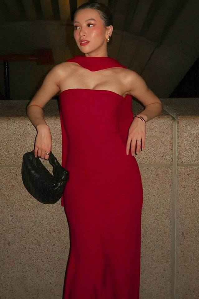 Strapless Rib Knit Neck Scarf Trumpet Hem Mermaid Maxi Gown 12