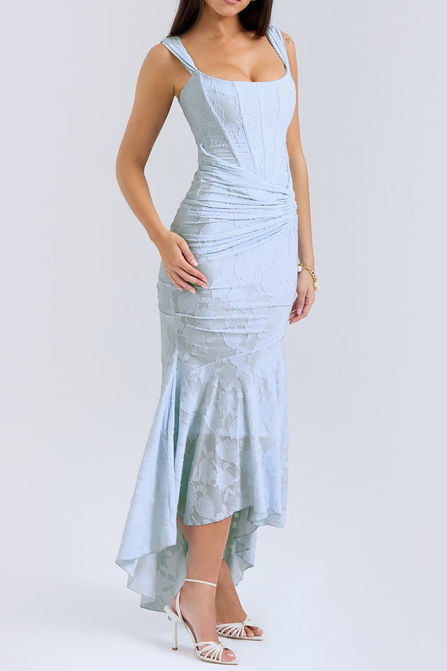 Floral Burnout Lace Corset Bodice Ruched Wrap High-Low Mermaid Midi Dress 26