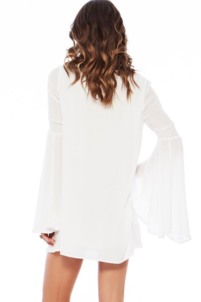 White Tribal Embroidered Flare Sleeve Beachwear Cover Up Tunic