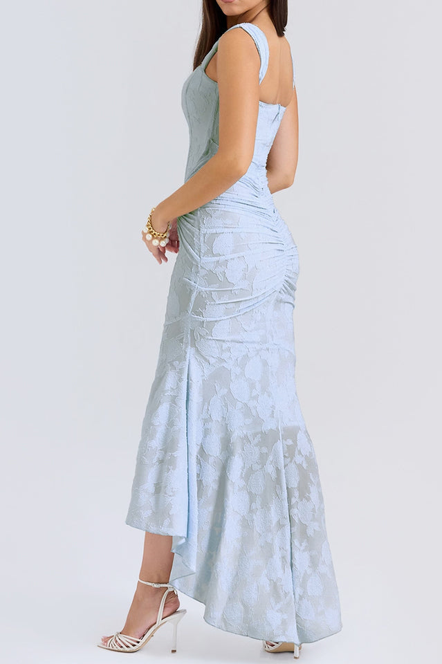 Floral Burnout Lace Corset Bodice Ruched Wrap High-Low Mermaid Midi Dress 27