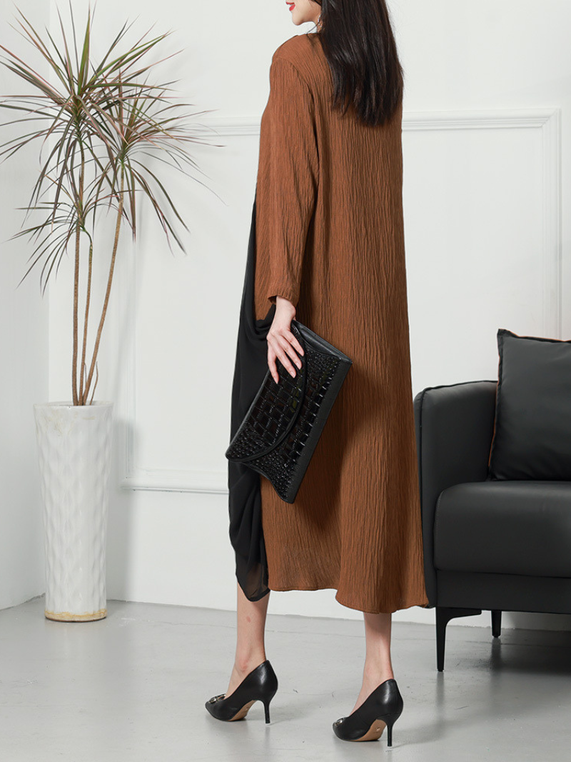 Deep V-Neck Crinkle Gauze Handkerchief Hem Oversized Long Sleeve Midi Dress 3