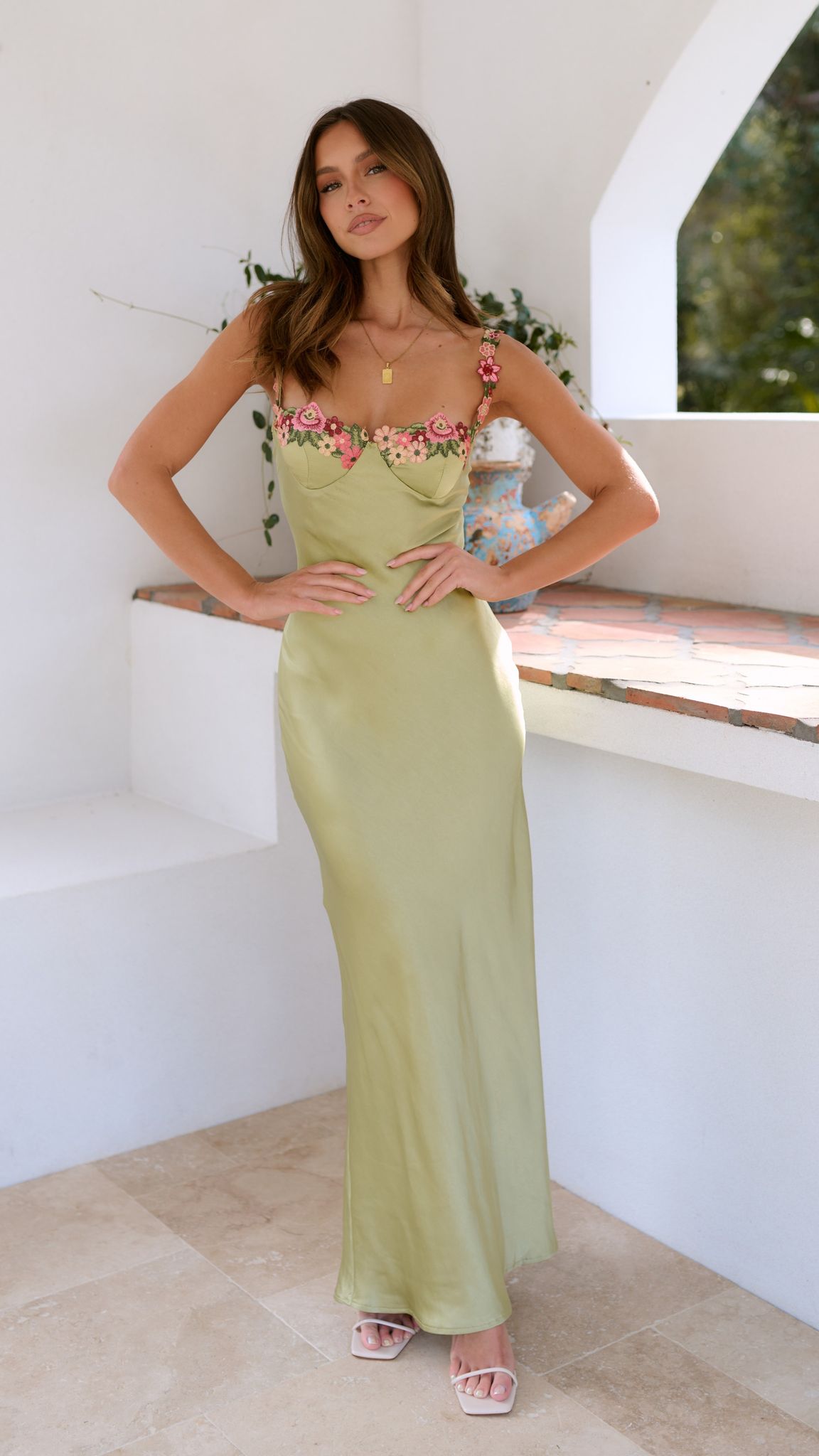 Spaghetti Strap Sweetheart Embroidered Floral Satin Bias Cut Maxi Dress 5