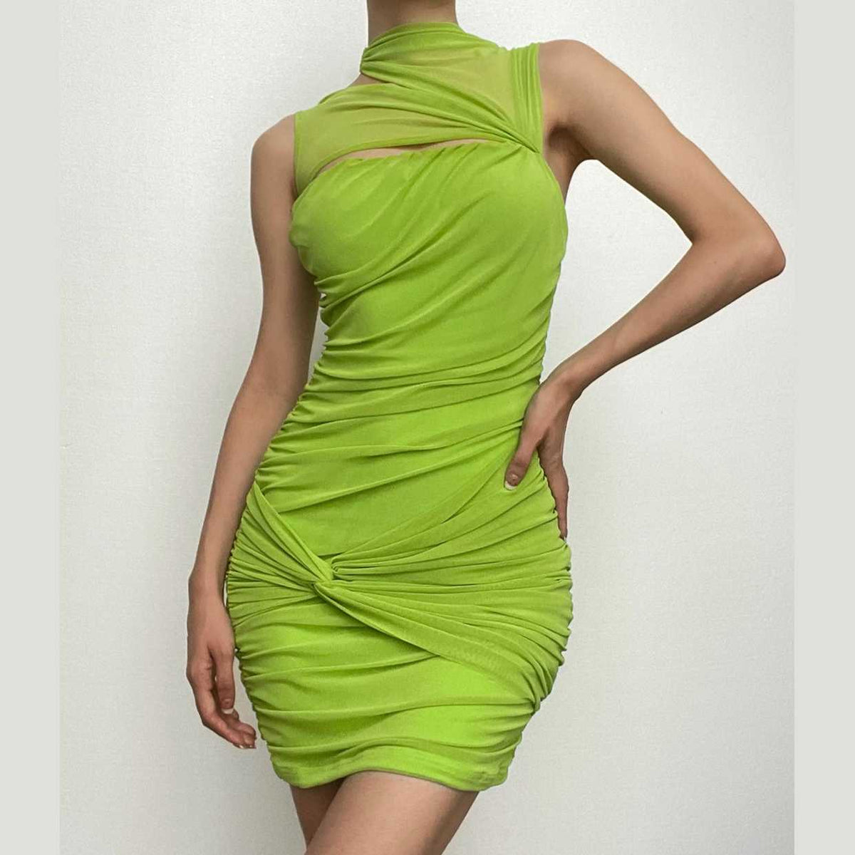 Mock Neck Mesh Panel Chest Cutout Knotted Ruched Bodycon Mini Dress