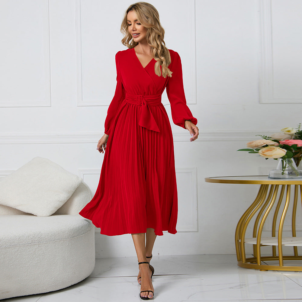 Wrap Surplice V-Neck Bishop Sleeve Sunray Pleated Belted Midi Dress 7