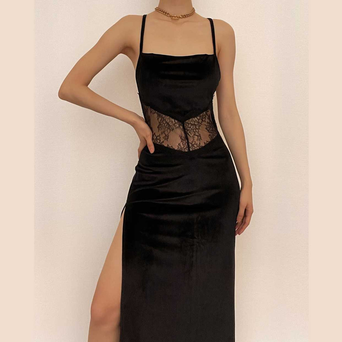 Velvet Spaghetti Strap Square Neck Lace Waist Insert Side Slit Midi Dress