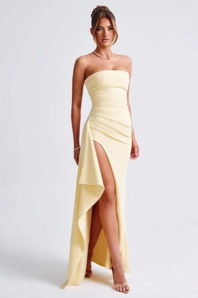 Strapless Ruched Fold Thigh Slit Draped Panel Maxi Dress 4
