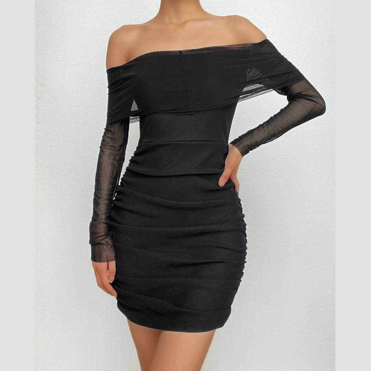 Off-Shoulder Sheer Mesh Long Sleeve Horizontal Ruched Bodycon Mini Dress