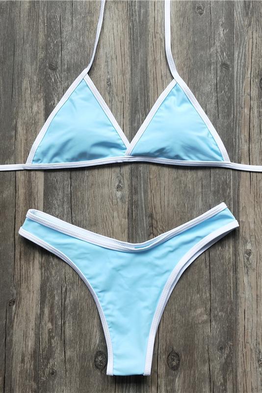 Light Blue Triangle Contrast Trim High Cut Brazilian Bikini Swimsuit